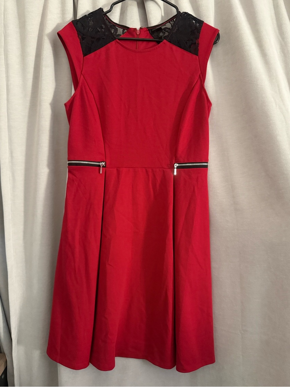 Mossimo Red Fit & Flare Dress with Black Lace Accent - Size Large